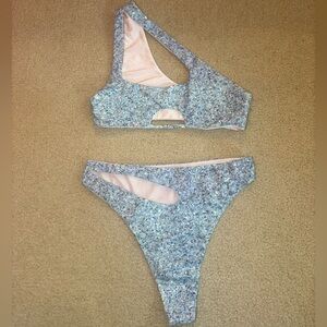 One-Shoulder Blue/Pink Reversible Bikini Set